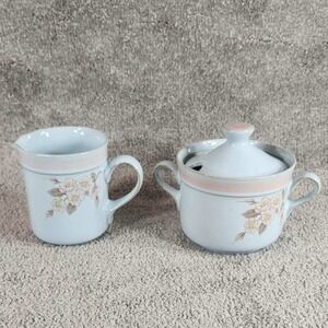 Denby Normandy Creamer and Lidded Sugar Bowl Blue Floral Stoneware England Set